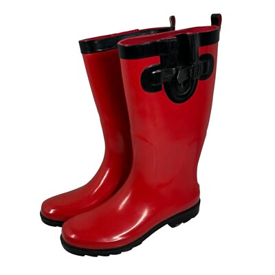 Clarks Tall Rubber Rain Boots Felted Upper Knee High Red Pull On Shoes Size 