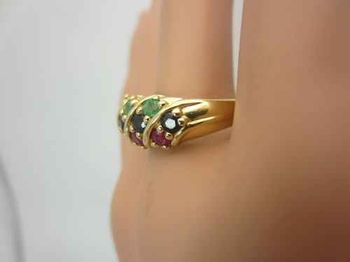 Anello Vintage In Oro 14K Con Smeraldo Rubino Zaffiro Blu 1.80 Ct - Foto 4 di 11