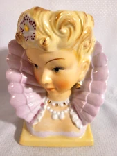 1950-60 UcagCo Lady Head Vase Blonde w/ High Victorian Collar & Purple Dress