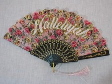 Vtg Silk Folding Hand Fan, Hallelujah/Pink Roses, Plastic Ribs, Unmarked rr