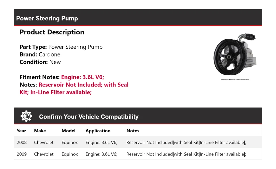 Bomba de dirección asistida Cardone para Chevrolet Equinox 2008-2009 3,6 L V6 Foto 2 de 4