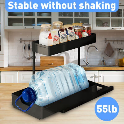 Pull Out Cabinet Organizer, 2 Tier under Sink Organizer, Slide Out Metal Kitchen