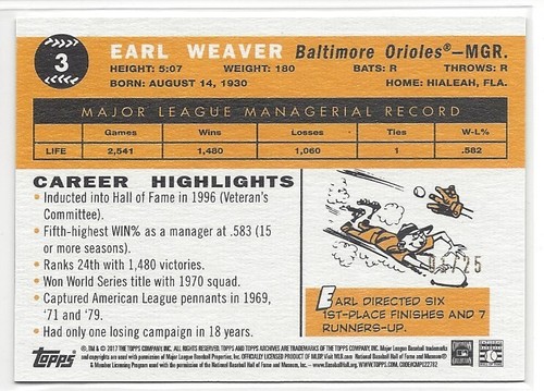 (0219) EARL WEAVER #1/25 2017 TOPPS ARCHIVES BASEBALL ORANGE PARALLEL #3 RARE SP - Picture 2 of 4