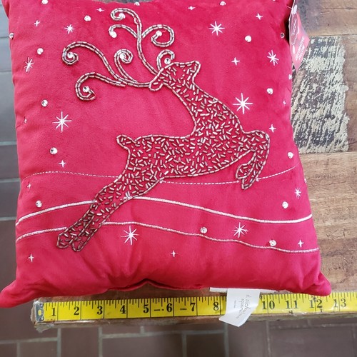 St. Nicholas Square Beaded Reindeer Christmas Red Pillow 12" X 12"