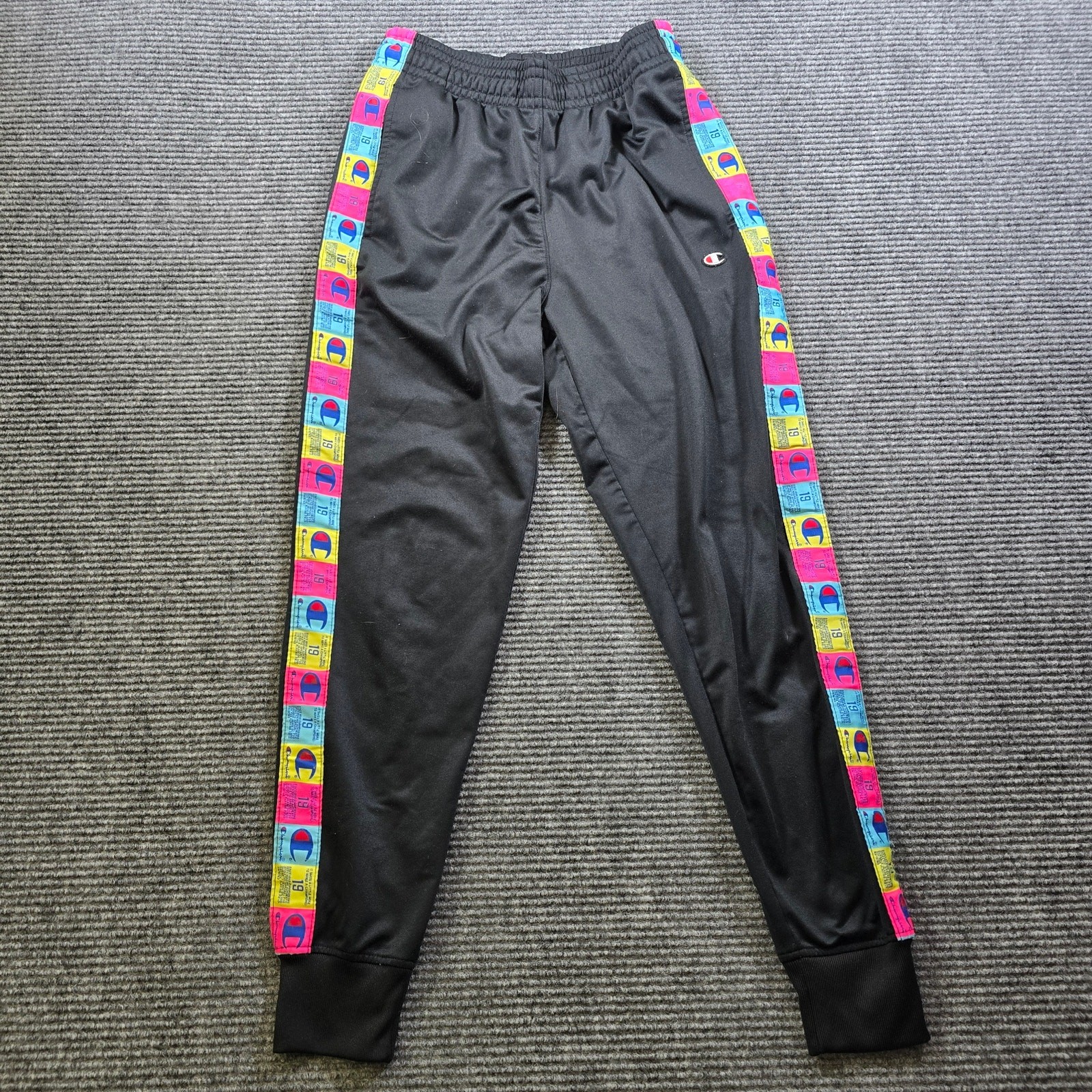 Champion Joggers Mens Small Black Y2K Logo Tape Track Pants Athletic