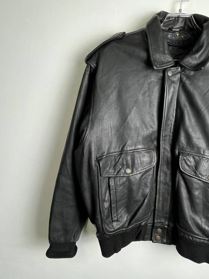 Vintage Real Leather Bomber Jacket Black Epaulettes Size L - Image 4 of 4