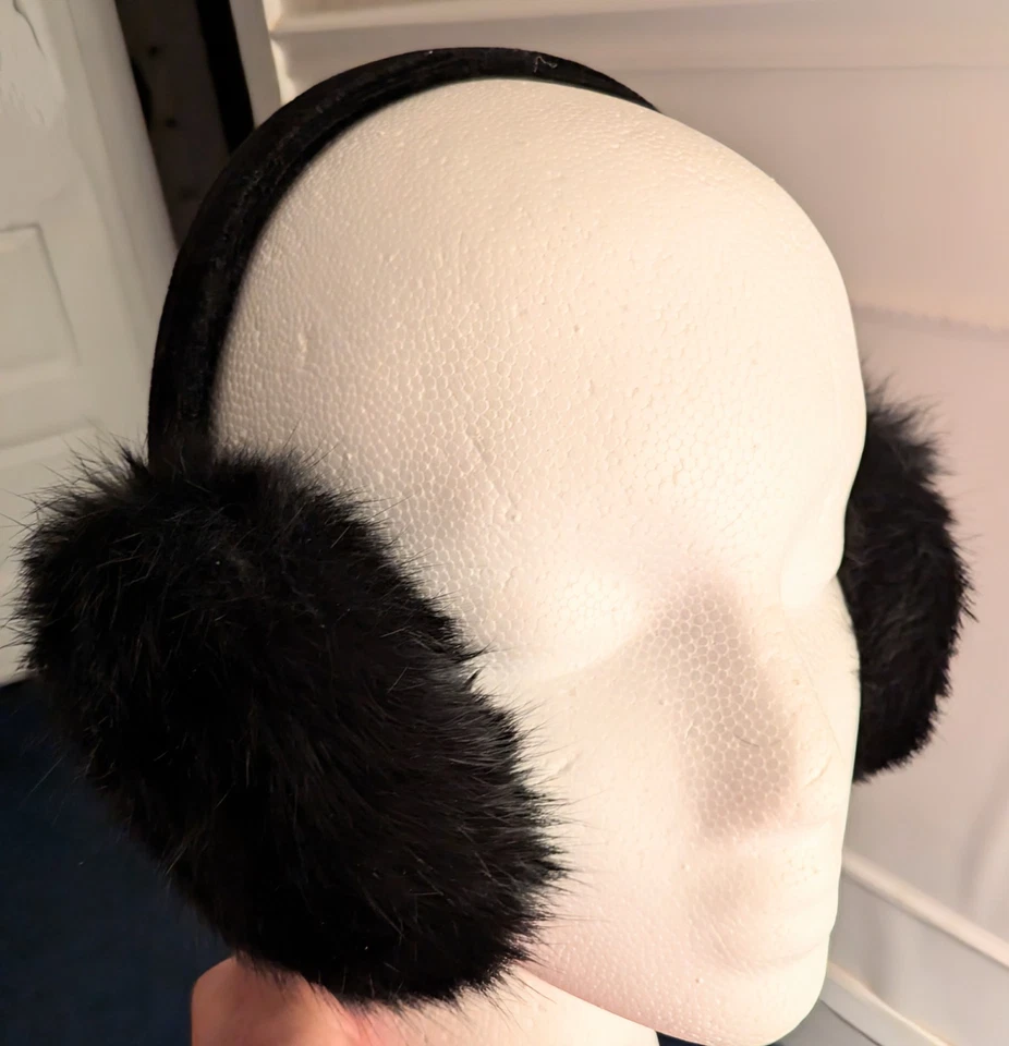 Genuine Rabbit Fur Earmuffs Black  Velvet Headband  Women's  - Image 2 of 4
