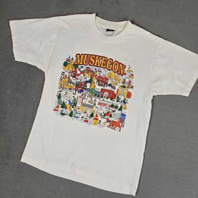 #ad Vintage 90’s Muskegon Michigan T Shirt Mens Large Comic Art Cartoon USA Made $21.99