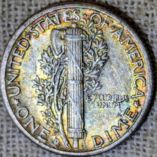 1942 D Mercury Dime AU++ : Rainbow Tone, Almost Uncirculated - .9 Fine Silver