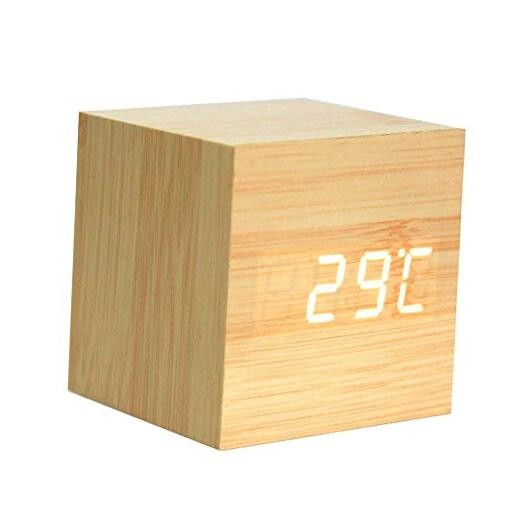Wooden Alarm Clock Mini Cube LED Digital Clock with 2 yellow & White reference photo