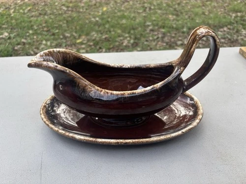 Vintage Hull Pottery Gravy Boat with Plate Drip Glaze Brown Oven Proof
