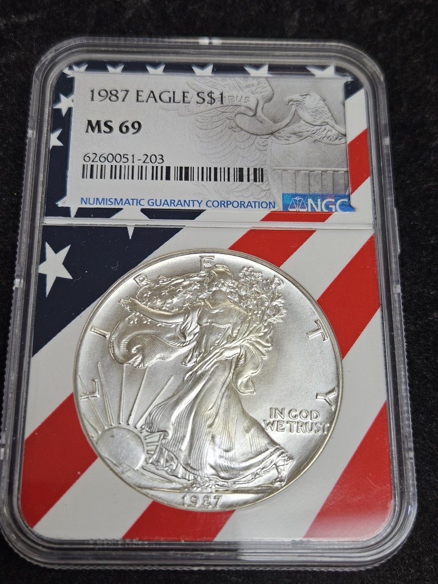 1987 $1 American Silver Eagle NGC MS69 USA Flag Core Slab | eBay