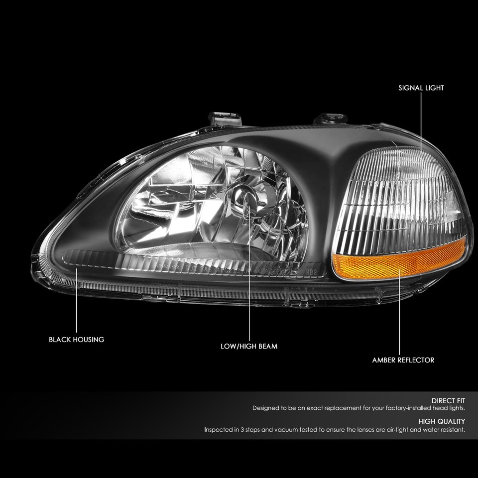 BLACK HOUSING HEADLIGHT AMBER REFLECTOR FOR 96-98 HONDA CIVIC EK+R TYPE ...
