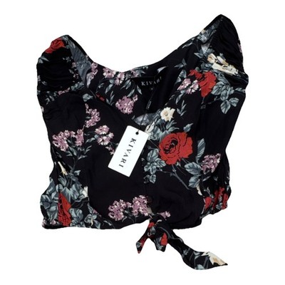 KIVARI Black Floral Puff Sleeve Sweetheart Tie Front Crop Top Blouse M NWT