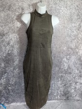 Olive Green Faux Suede Mock Neck Midi Bodycon Dress - Size UK 8