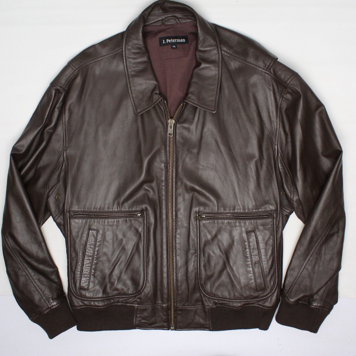 J Peterman Leather Bomber Jacket XXL Brown Zip Front Classic