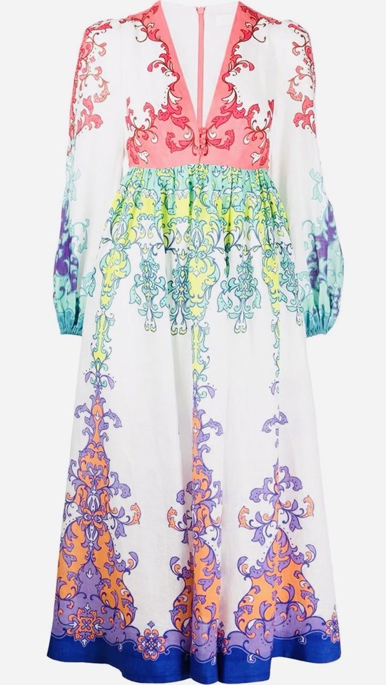ZIMMERMANN NINA PLUNGE MIDI DRESS WHITE FLORAL SZ 1 AU 10 US 6 LINEN
