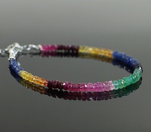 Natural Gemstone Multi Sapphire,Ruby,Emerald Faceted Bead Bracelet Silver Clasp - Afbeelding 1 van 2