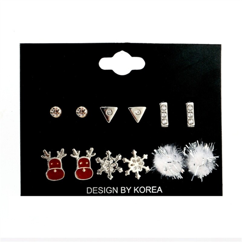 6-Pair Elk Snowflake Stud Earrings for Christmas Fashion