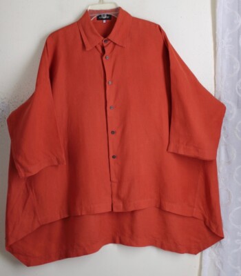 NEW Eskandar 1 O/S Art-Wear Vibrant 35''L Medium Orange Linen Tunic Shirt Top Lux