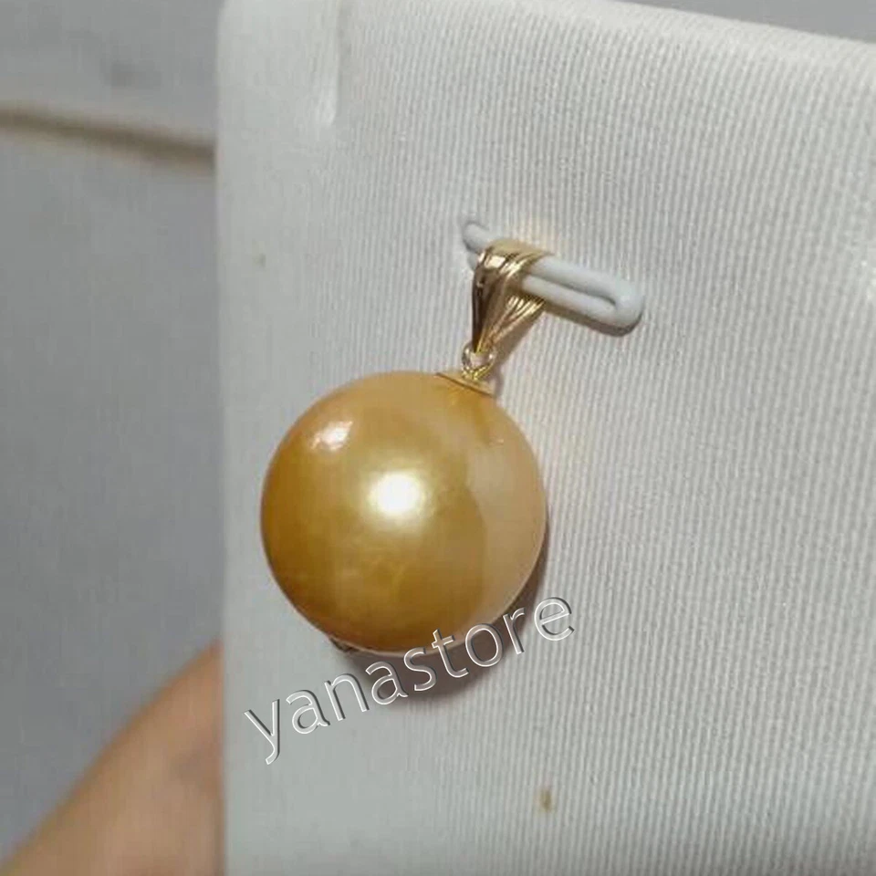 Riesig 13-14mm Echte Natürlich Südsee Perfekt Rund Gelb Perle Anhänger 14k Gold - Bild 4 von 4