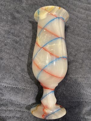 Pakistan Vase Onyx Blue White Red Patterned Urn Glows In UV Light 8  Tall