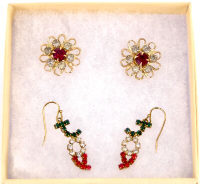 Vintage Christmas Earrings Two Pair JOY and SNOWFLAKE Post