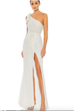 MAC DUGGAL 93735 PEARL EMBELLISHED SOFT TIE ONE SHOULDER WHITE GOWN sz 10