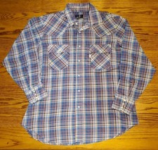Vintage 70s 80s Levis Pearl Snap Shirt Size XL Country Western Blue Plaid Cowboy