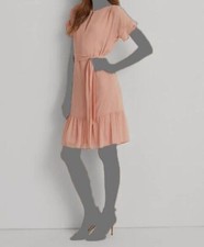 $145 Lauren Ralph Lauren Women's Pink Waist-Tie Round-Neck A-Line Dress Size 12