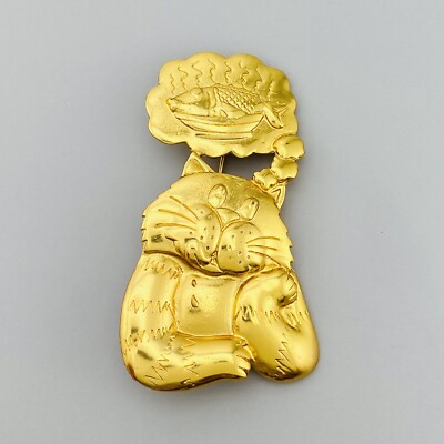 Cat Dreaming of Fish Dinner Gold Tone Brooch