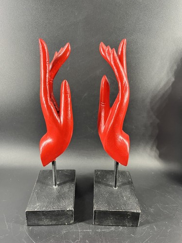Set Of 2 Red Wooden Buddha Blessing Hands On Stand Left Hand - Picture 3 of 12