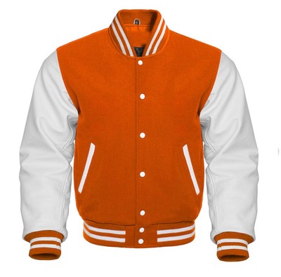 Mens Varsity Letterman Basketball  Orange wool White Real leather sleeves jacket