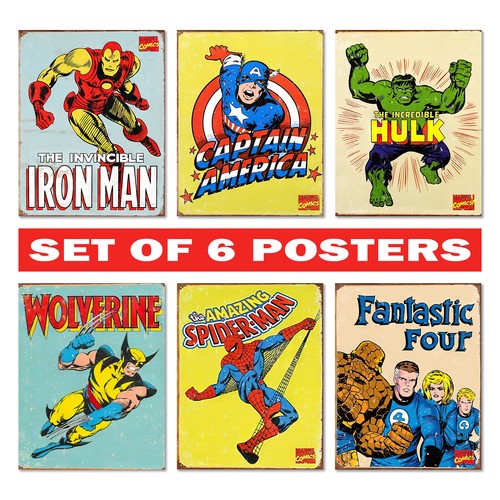 Juego de 6 carteles de superhéroes rústicos de cómics de Marvel - decoración de dormitorio y sala de juegos para niños - Imagen 1 de 7