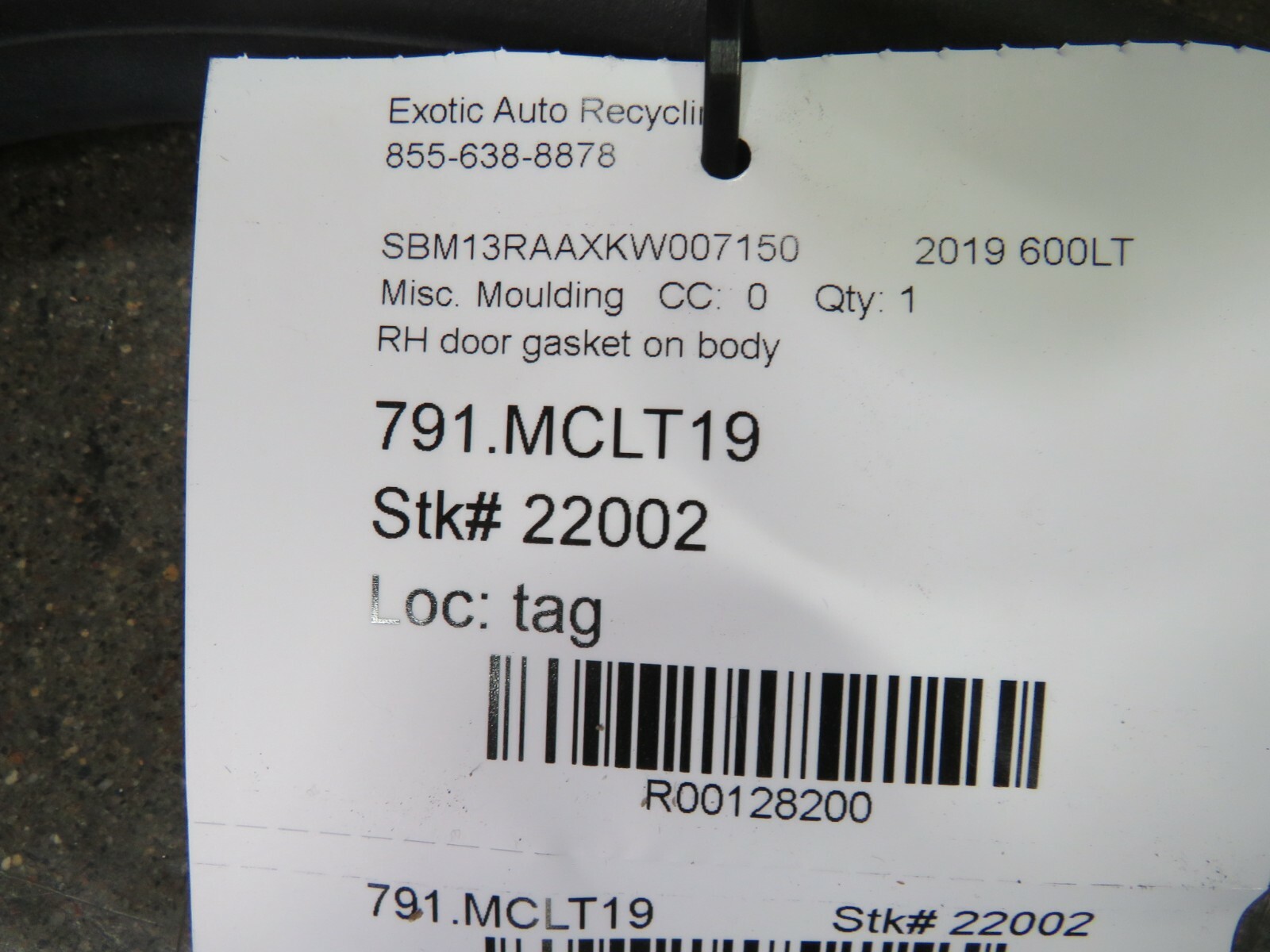Mclaren 600LT, RH, Right, Door Gasket, On Body, Used 