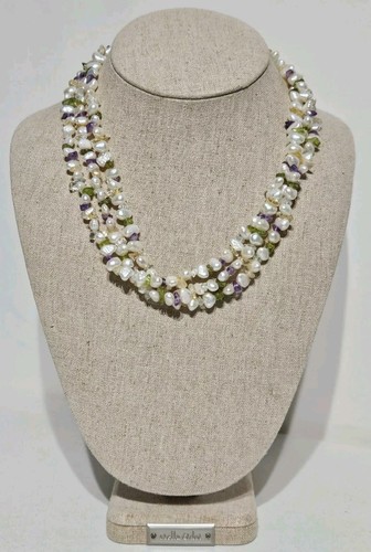 14K Gold Pearl Amethyst Peridot Quartz Chip 3 Strand Necklace 18-1/2" - Picture 6 of 12