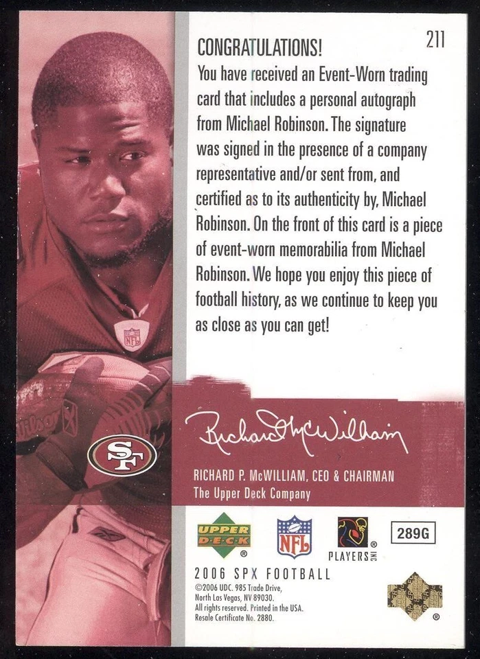 211 MICHAEL ROBINSON 2006 UPPER DECK SPX AUTO ROOKIE JERSEY /1650 49ERS NFL - Image 2 of 2