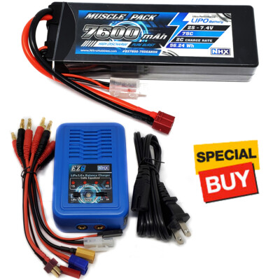 NHX Muscle Pack 2S 7.4V 7600mAh 75C Lipo Battery w/ Deans Plug / EZ6 Charger