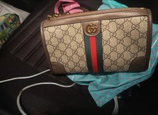 Gucci GG Beige Brown Zip Wristlet Wallet w/ Web Stripe, Logo, Card Slots, Fold