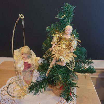Lot of Two Porcelain Face Ornaments Ballerina & Victorian Angel