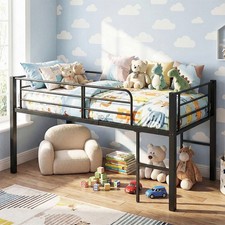 Single Size Low Loft Bed Metal Frame with Safety Guardrails 2 Ladders Black