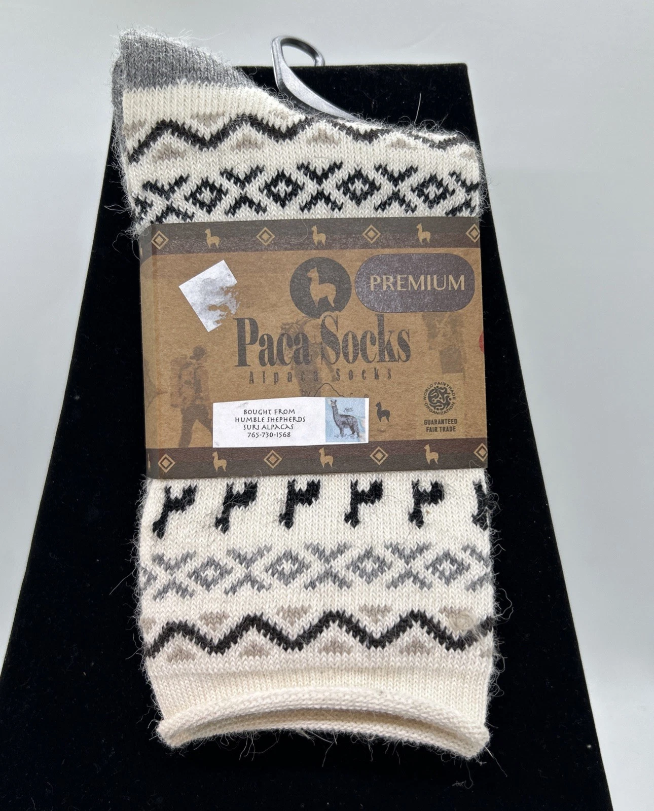 Paca Socks Premium Alpaca Print crew socksNatural-Grey color with print unisex ￼