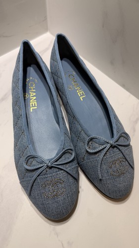 CHANEL Denim Ballet Flats CC Bow Cap Toe Ballerina Shoes US Size 7.5 EU Size 38