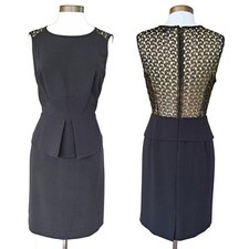 Tahari Black Sleeveless Peplum Sheath Dress Gold Lace Back Size 12 Office Party