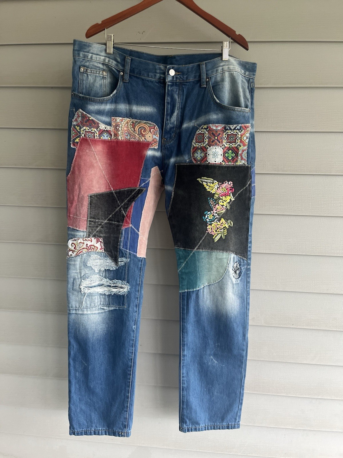 Patchwork Jeans MNML Blue Button Fly Streetwear B… - image 2