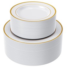 120Pcs Gold Plastic Plates, Disposable White and Gold Rim Plastic Plates, Inc...