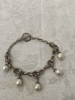 Sterling Silber Handwerk weiße Perlen Tropfen Knebel Armband nie getragen