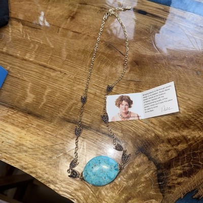 Studio Barse Blue Turquoise Oval Pendant Necklace Golden Bronze Long Leaf Chain
