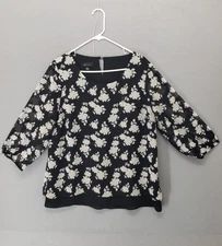 AB Studio Women Top XL Black White Floral Prints 3/4 Sleeves Casual Blouses