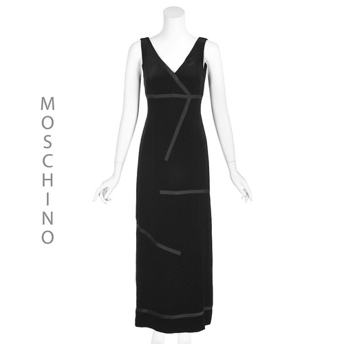 Moschino Couture, MOSCHINO COUTURE! Vintage Black Velvet Evening Gown with Satin Ribbon Trim, SZ 6